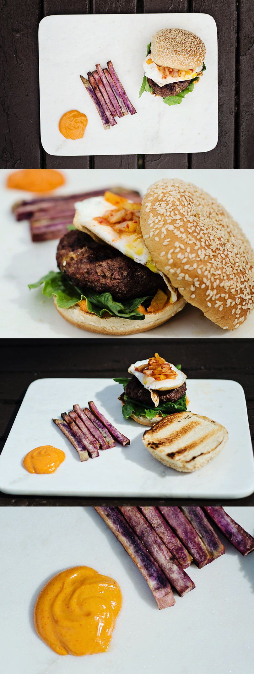 Kalbi Burgers with Pickled Veggie/Kimchi Slaw and Korean-Style Mayo